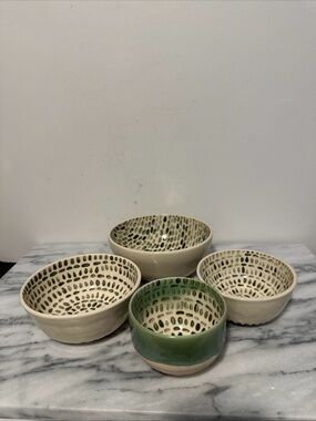 Handmade Ceramic Bowls - Green and Cream Dot Set marked NEW
